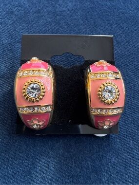 Vintage Joan Rivers Pink  Enamel Clip
Earrings Half Hoop Clip Earrings